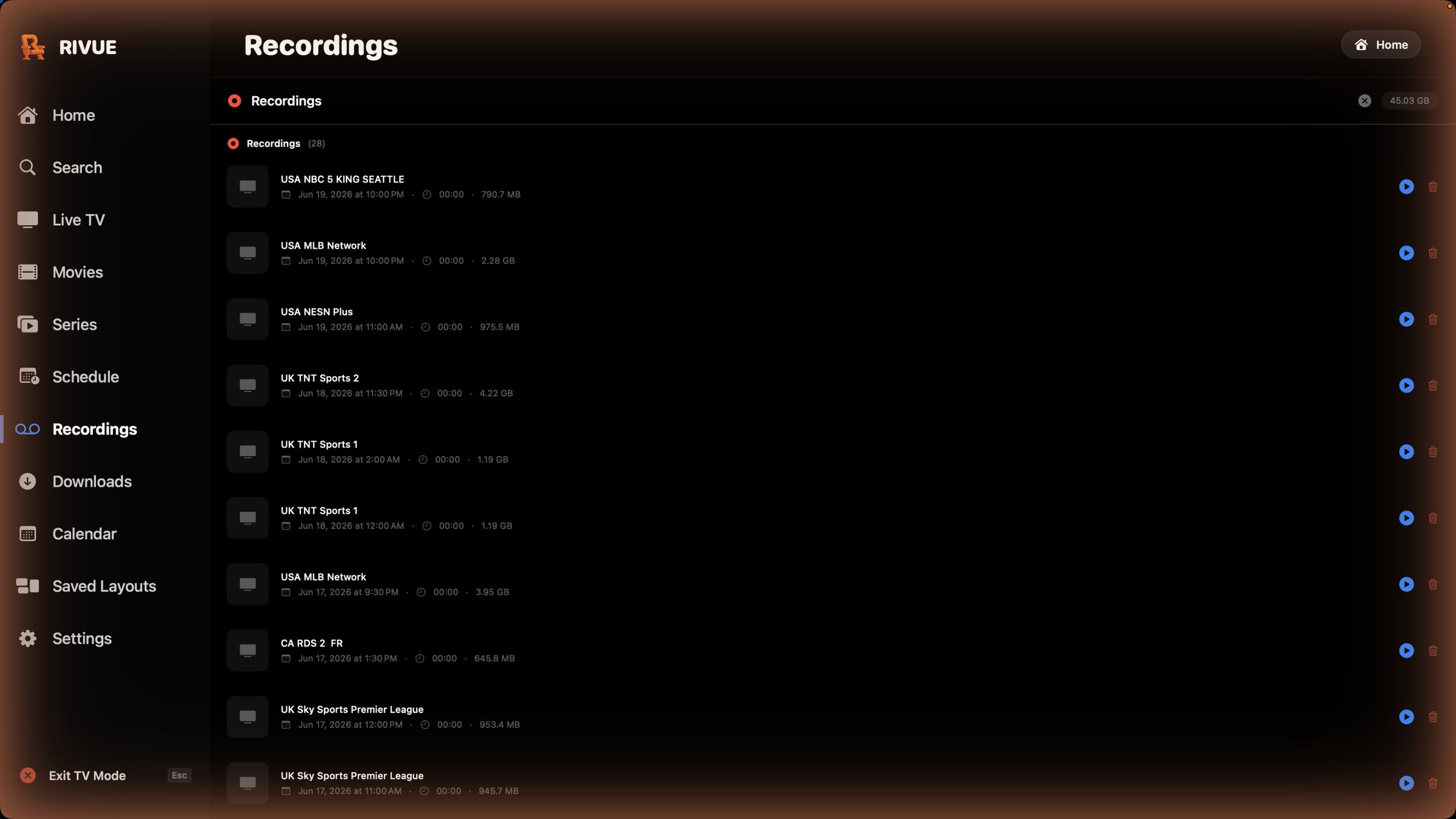 Rivue DVR recordings list with sizes and dates
