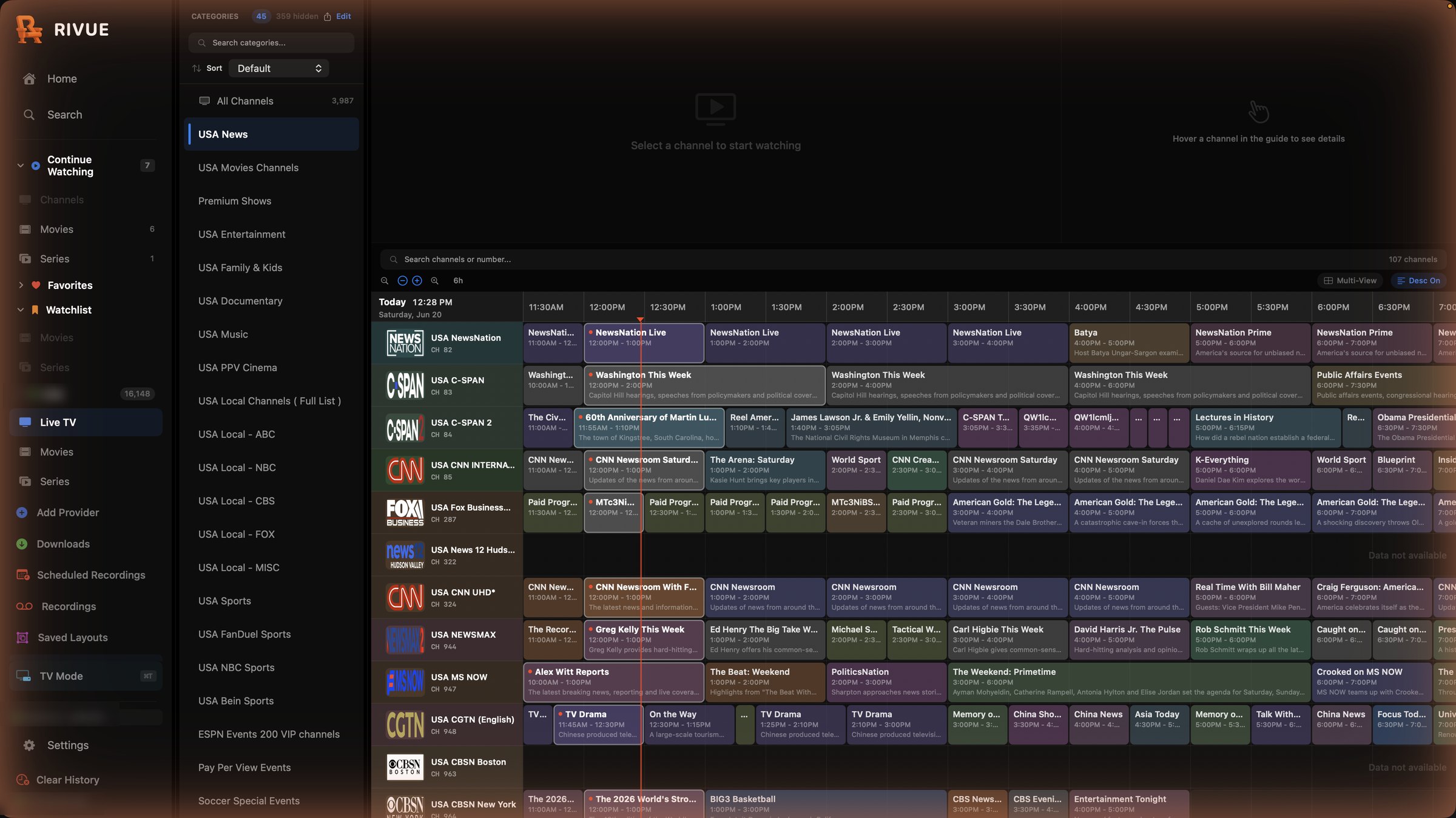 Rivue 7-day EPG program guide — channels by time with live programming