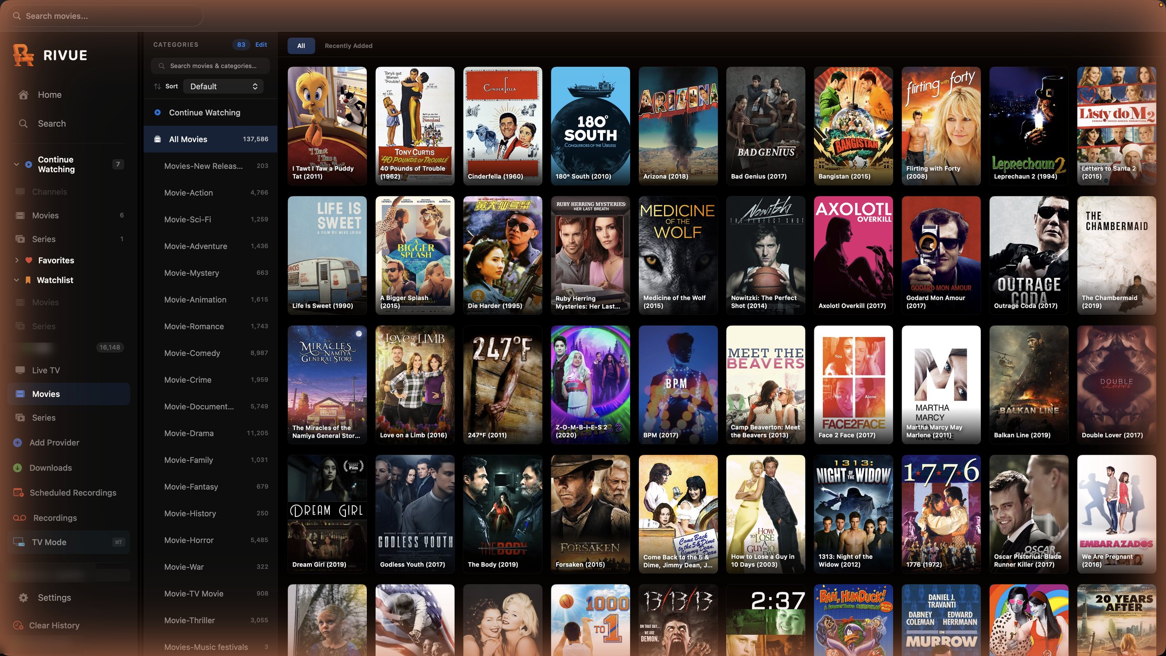 Rivue movie library — a poster-grid library with categories