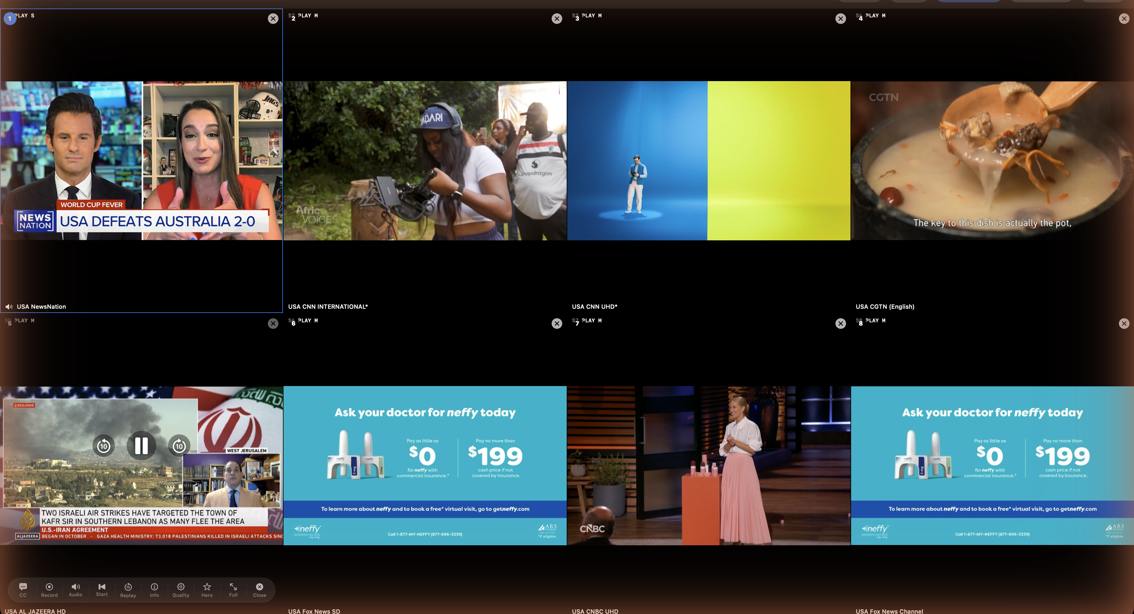 Rivue Multi-View — eight live channels at once in a 4-by-2 grid