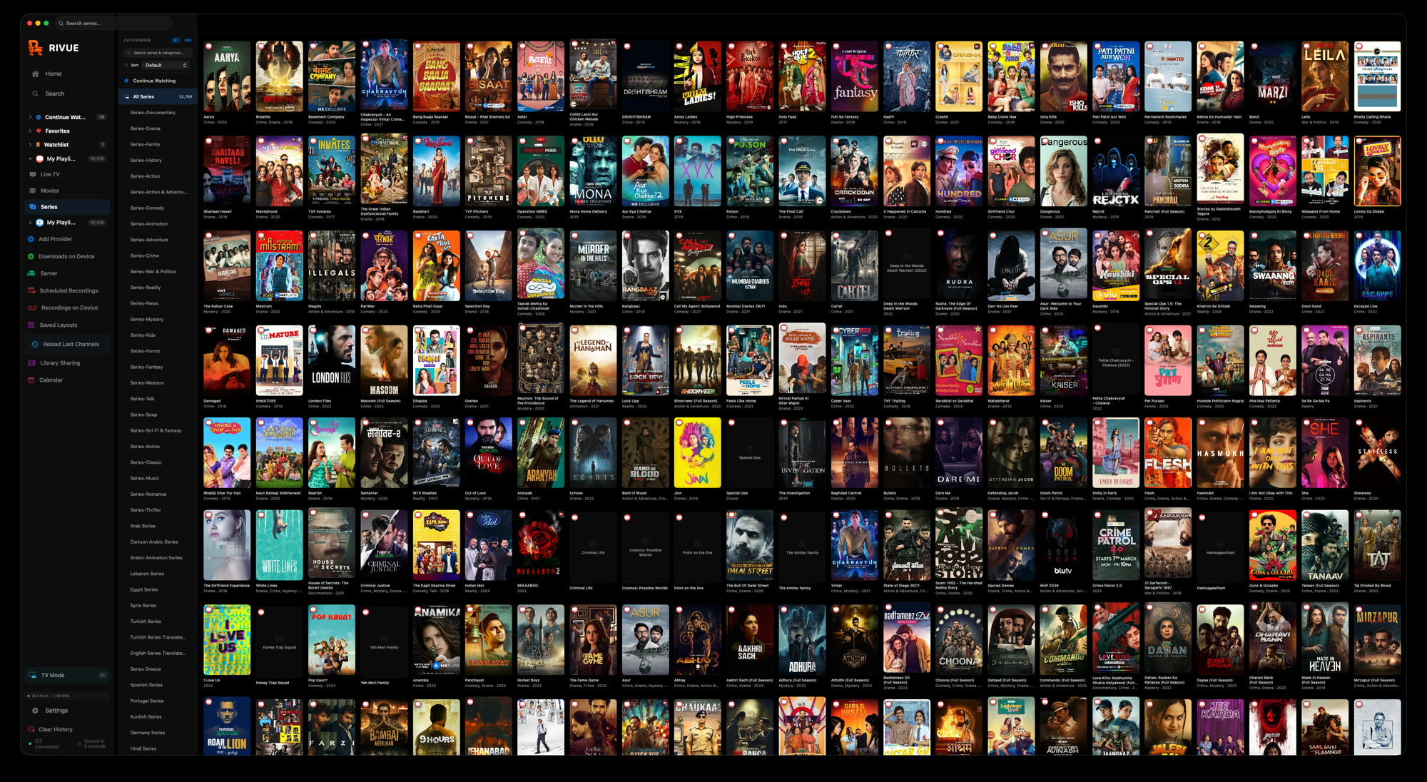 Rivue series library — thousands of shows as a poster wall with category sidebar