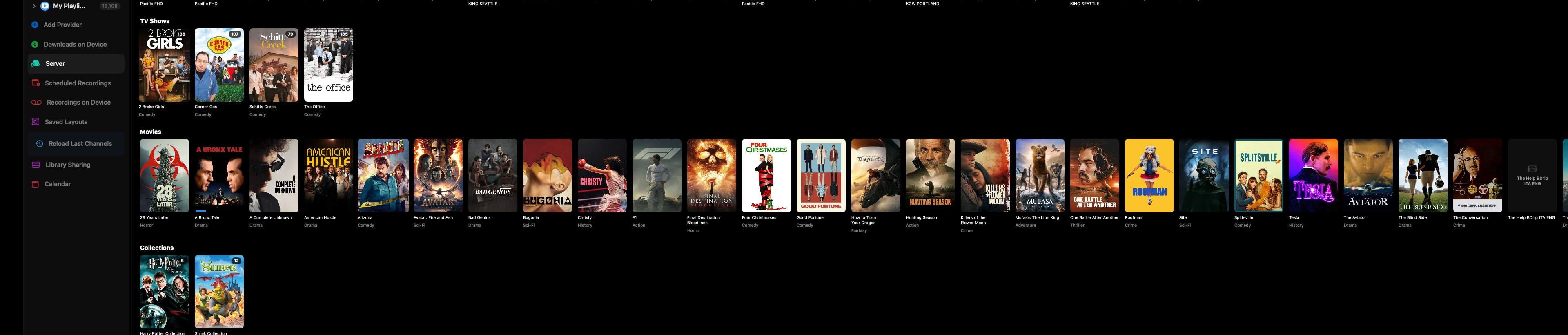 Rivue home server library — your own files organized into shows, movies and collections with artwork