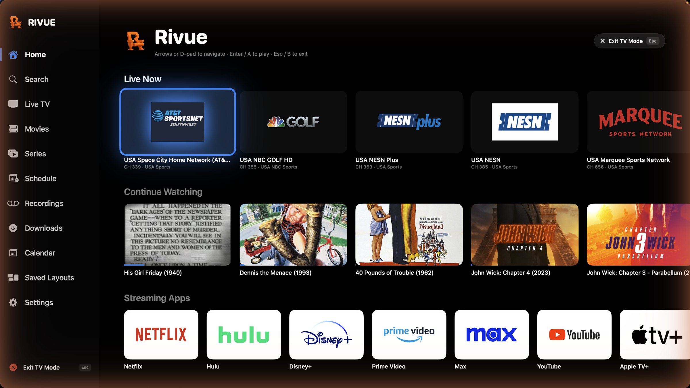 Rivue TV Mode — 10-foot interface for remote and game controller