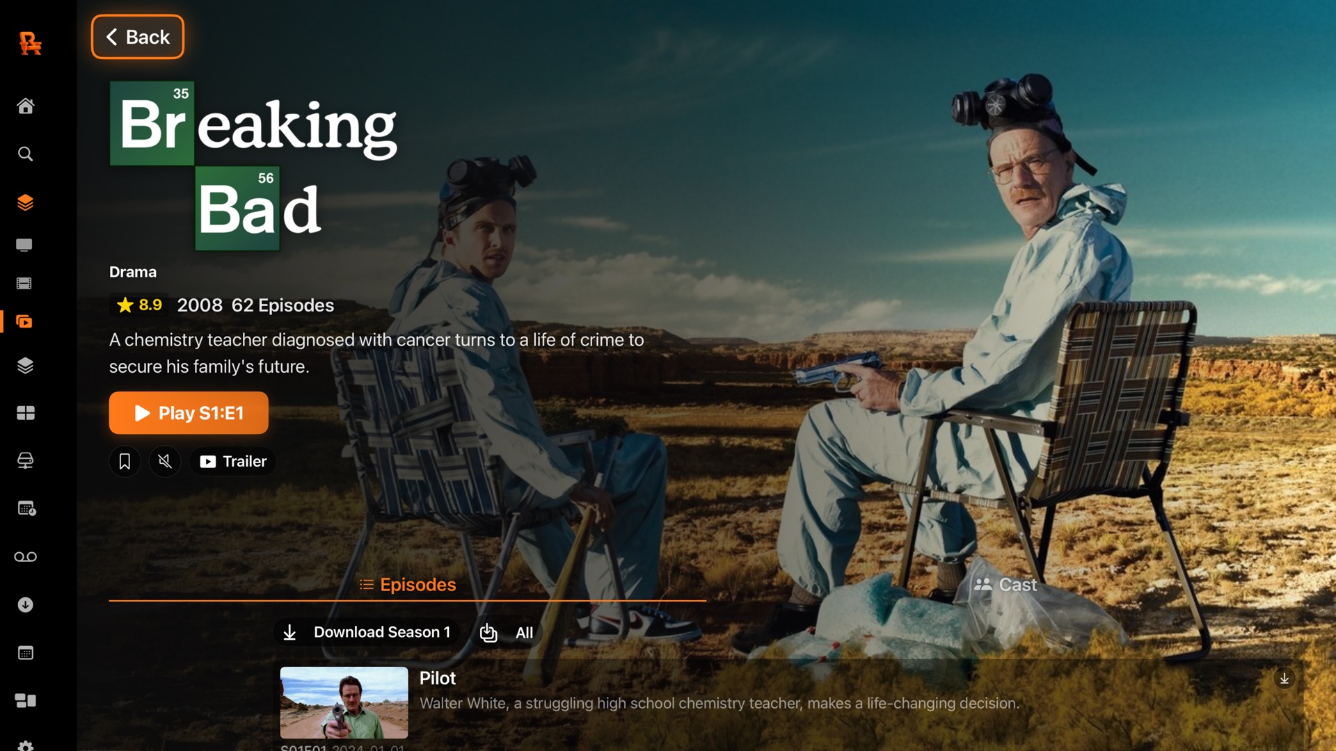 Rivue on Apple TV — series detail page with artwork, episodes and downloads