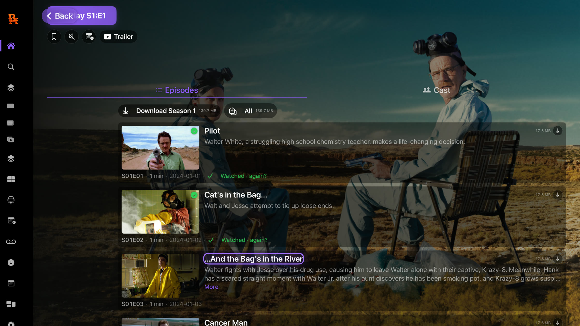 Rivue episode list on Apple TV — episode rows with watched state and one-line metadata
