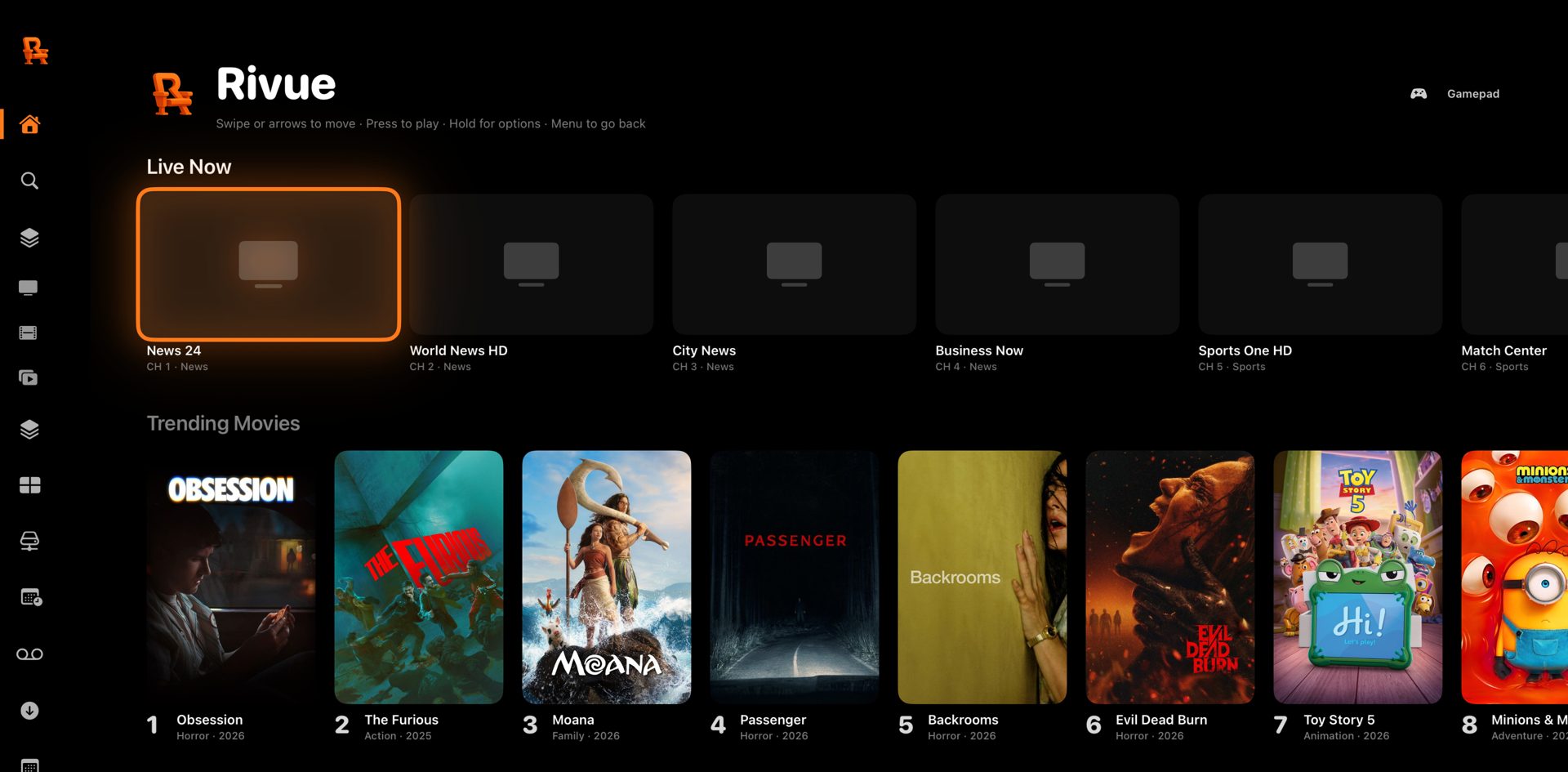 Rivue on Apple TV — native tvOS home with live channels and trending rows