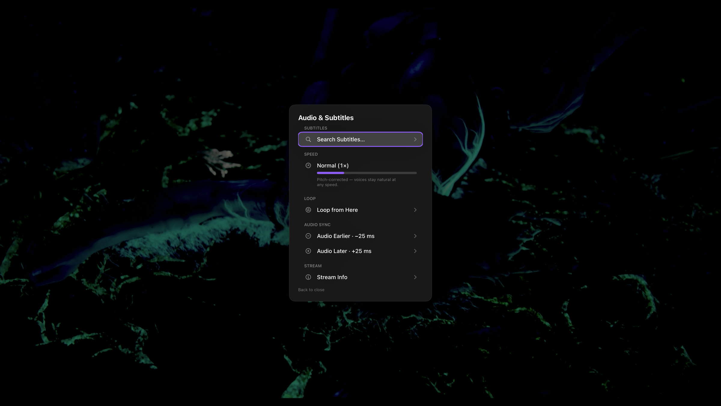 Rivue transport menu on Apple TV with subtitle search, speed, A-B loop, audio sync and stream info