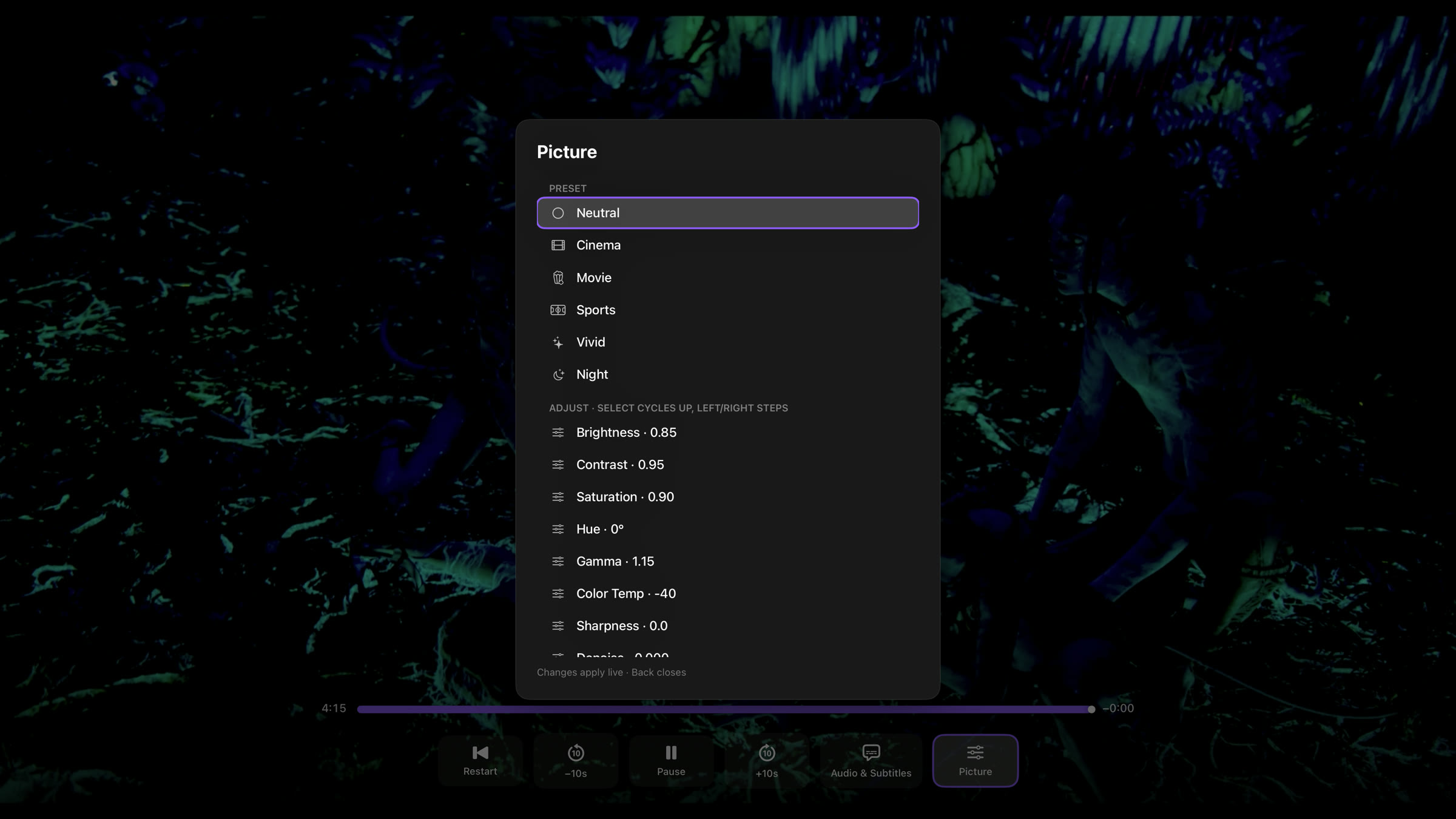 Rivue Picture menu on Apple TV — presets plus sixteen live picture controls