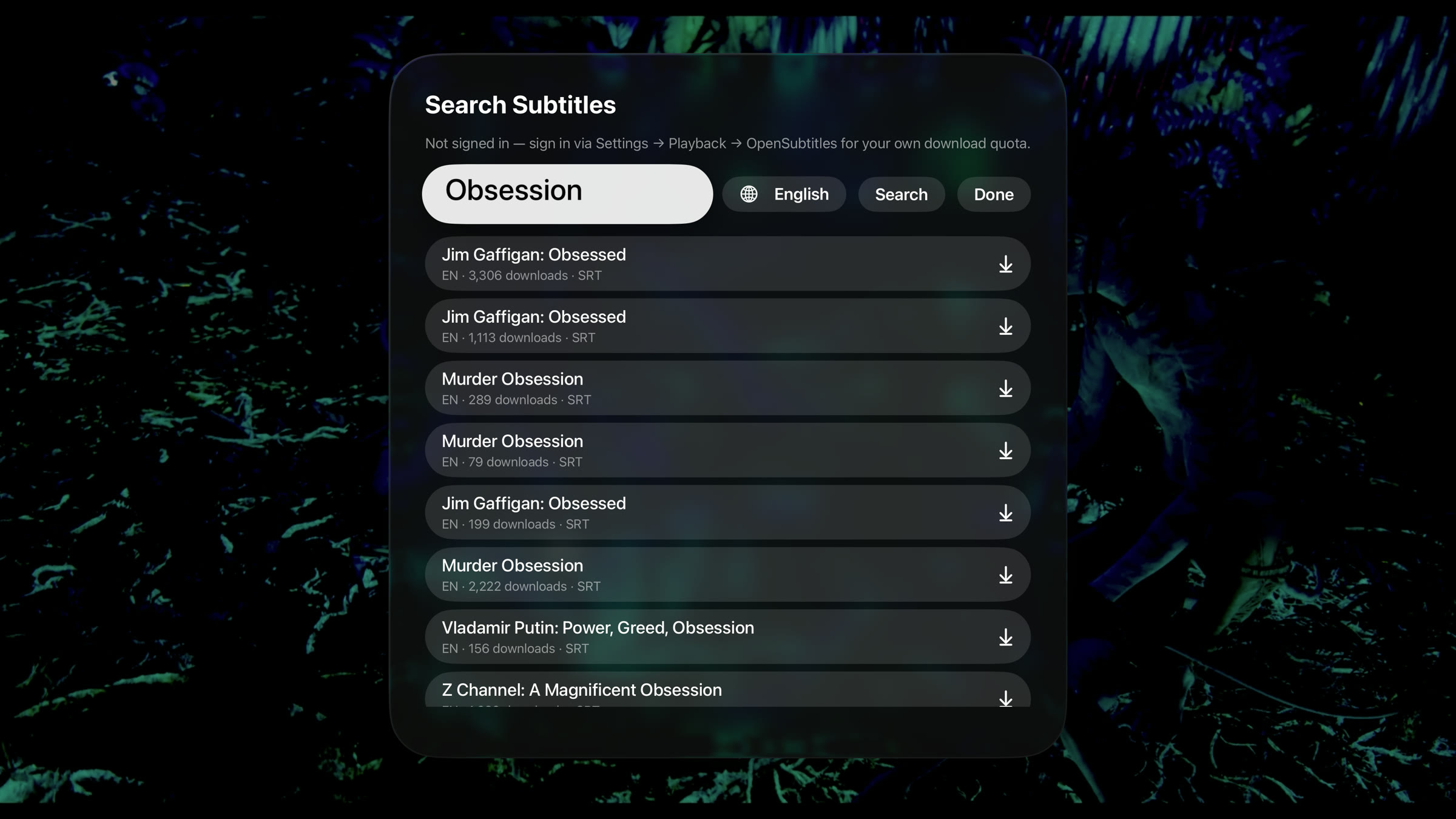 Rivue subtitle search on Apple TV — OpenSubtitles results from the couch